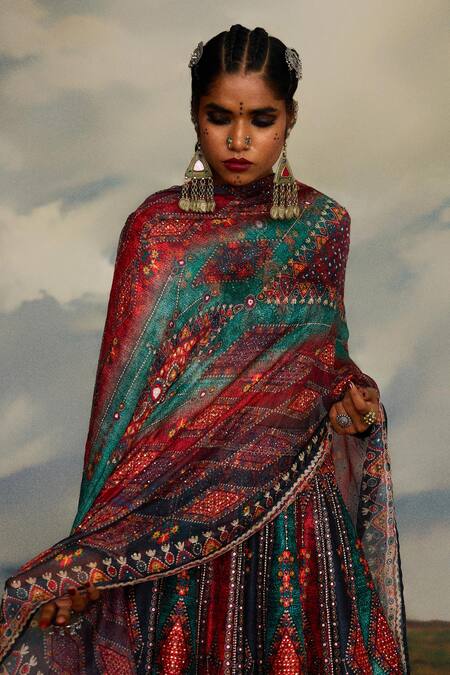 Buy_Rajdeep Ranawat_Multi Color Silk, Kota Doria Beads, Leela Tribal Print Blouse And Lehenga Set 