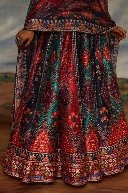 Shop_Rajdeep Ranawat_Multi Color Silk, Kota Doria Beads, Leela Tribal Print Blouse And Lehenga Set 