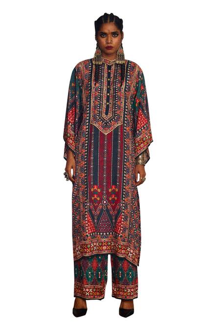 Rajdeep Ranawat_Multi Color Silk Beads, Embroidery Bandeau Gayatri Tribal Print Kimono Kurta _Online_at_Aza_Fashions