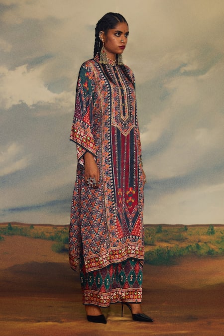 Buy_Rajdeep Ranawat_Multi Color Silk Beads, Embroidery Bandeau Gayatri Tribal Print Kimono Kurta _Online_at_Aza_Fashions