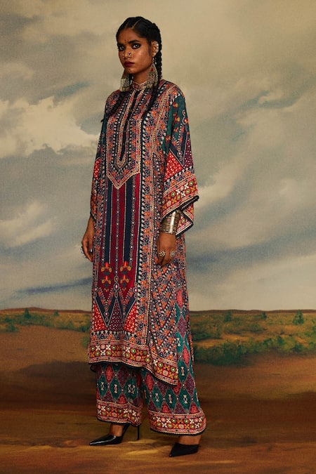 Shop_Rajdeep Ranawat_Multi Color Silk Beads, Embroidery Bandeau Gayatri Tribal Print Kimono Kurta _Online_at_Aza_Fashions