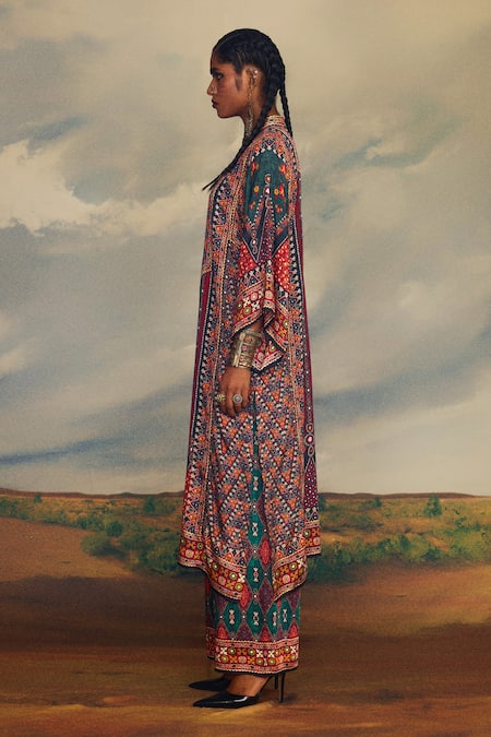 Rajdeep Ranawat_Multi Color Silk Beads, Embroidery Bandeau Gayatri Tribal Print Kimono Kurta _at_Aza_Fashions
