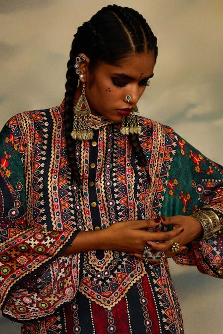 Buy_Rajdeep Ranawat_Multi Color Silk Beads, Embroidery Bandeau Gayatri Tribal Print Kimono Kurta 