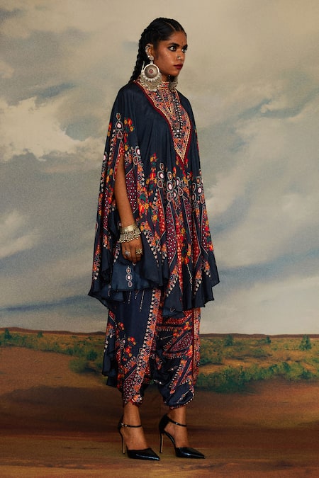 Rajdeep Ranawat_Grey Silk Beads, Embroidery Bandeau Neck Farah Print Draped Circular Dress _Online_at_Aza_Fashions