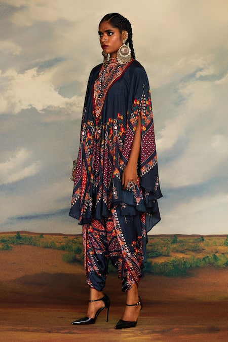 Buy_Rajdeep Ranawat_Grey Silk Beads, Embroidery Bandeau Neck Farah Print Draped Circular Dress _Online_at_Aza_Fashions