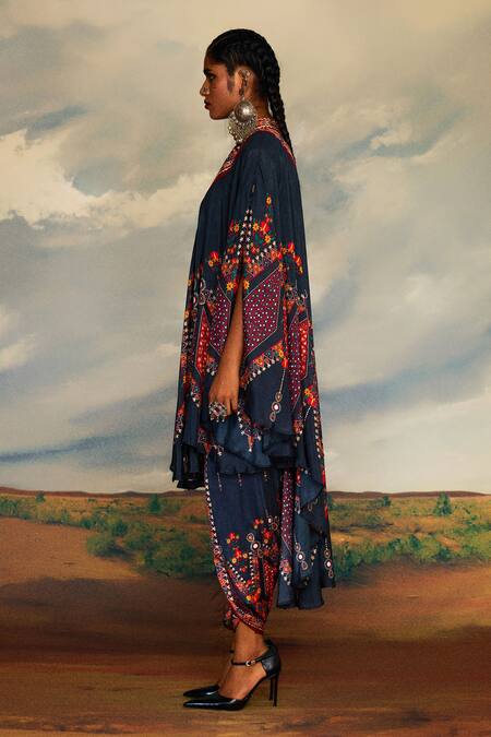 Shop_Rajdeep Ranawat_Grey Silk Beads, Embroidery Bandeau Neck Farah Print Draped Circular Dress _Online_at_Aza_Fashions