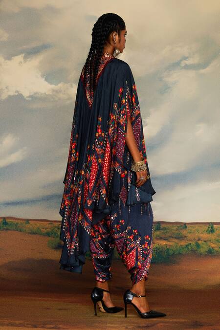 Rajdeep Ranawat_Grey Silk Beads, Embroidery Bandeau Neck Farah Print Draped Circular Dress _at_Aza_Fashions