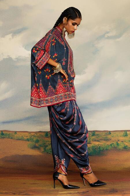 Rajdeep Ranawat_Grey Modal, Satin Beads Tribal Print Dhoti Pant _Online_at_Aza_Fashions