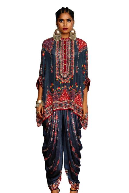 Shop_Rajdeep Ranawat_Grey Modal, Satin Beads Tribal Print Dhoti Pant _Online_at_Aza_Fashions