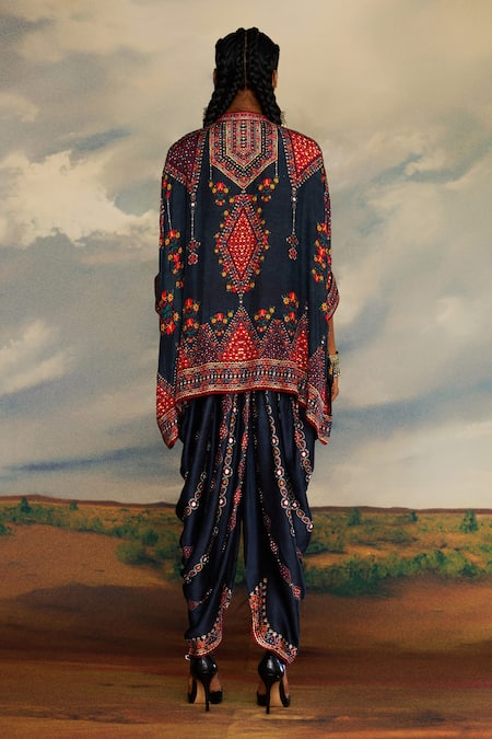 Shop_Rajdeep Ranawat_Grey Silk Beads, Embroidery Bandeau Neck Tribal Print Short Kaftan _at_Aza_Fashions