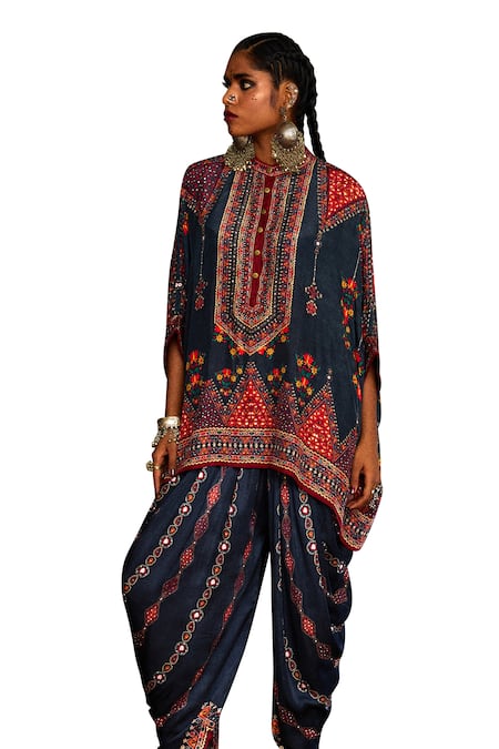 Buy_Rajdeep Ranawat_Grey Silk Beads, Embroidery Bandeau Neck Tribal Print Short Kaftan _Online_at_Aza_Fashions