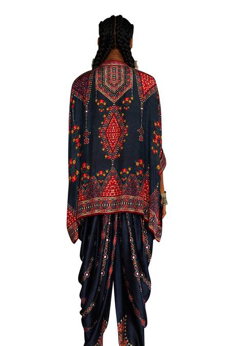 Shop_Rajdeep Ranawat_Grey Silk Beads, Embroidery Bandeau Neck Tribal Print Short Kaftan _Online_at_Aza_Fashions