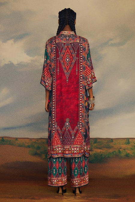 Shop_Rajdeep Ranawat_Multi Color Silk Beads Bandeau Neck Tribal Print Straight Kurta _at_Aza_Fashions