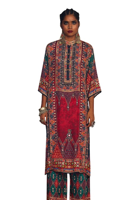 Rajdeep Ranawat_Multi Color Silk Beads Bandeau Neck Tribal Print Straight Kurta _Online_at_Aza_Fashions