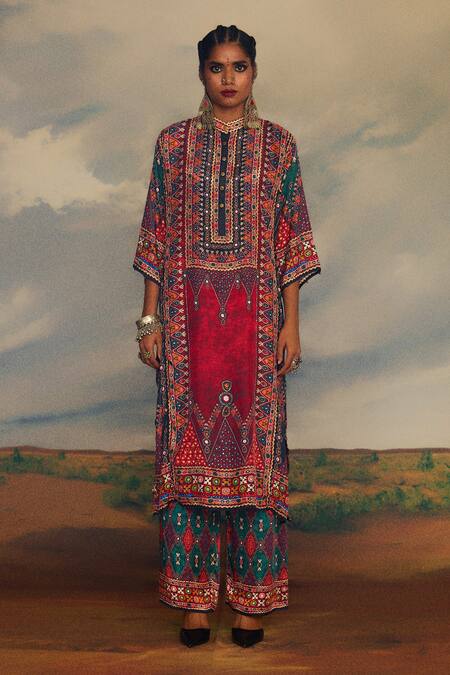 Buy_Rajdeep Ranawat_Multi Color Silk Beads Bandeau Neck Tribal Print Straight Kurta _Online_at_Aza_Fashions