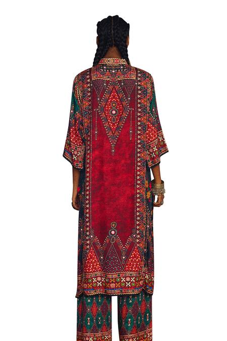 Rajdeep Ranawat_Multi Color Silk Beads Bandeau Neck Tribal Print Straight Kurta _at_Aza_Fashions