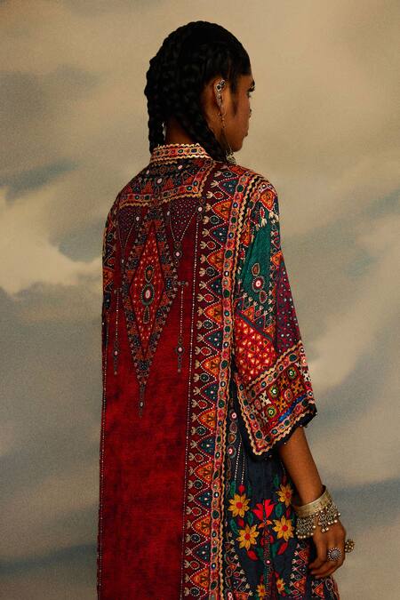 Buy_Rajdeep Ranawat_Multi Color Silk Beads Bandeau Neck Tribal Print Straight Kurta 