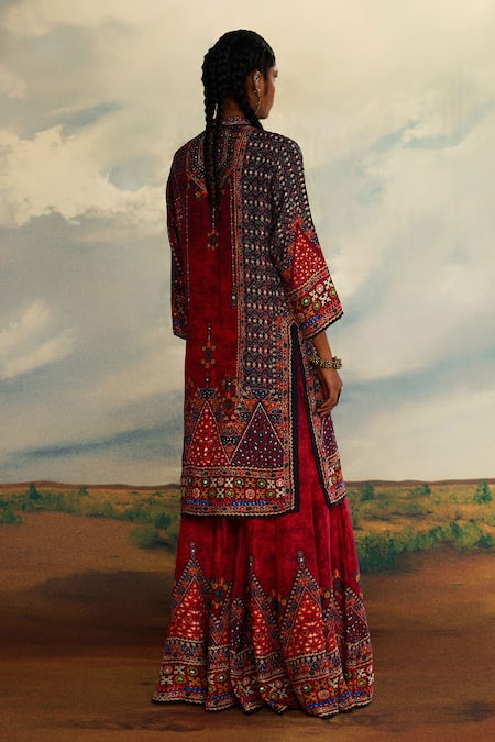 Shop_Rajdeep Ranawat_Red Silk Beads, Embroidery Tribal Print Gharara _at_Aza_Fashions