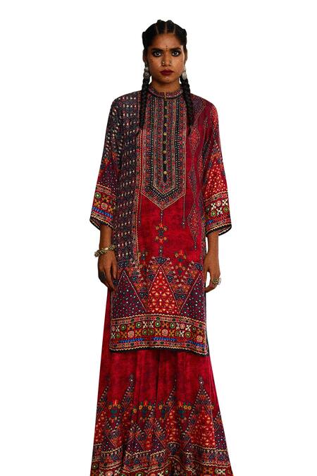 Rajdeep Ranawat_Red Silk Beads, Embroidery Tribal Print Gharara _Online_at_Aza_Fashions