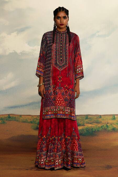 Buy_Rajdeep Ranawat_Red Silk Beads, Embroidery Tribal Print Gharara _Online_at_Aza_Fashions