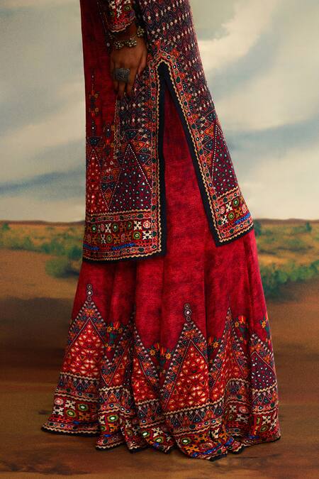 Rajdeep Ranawat_Red Silk Beads, Embroidery Tribal Print Gharara _at_Aza_Fashions