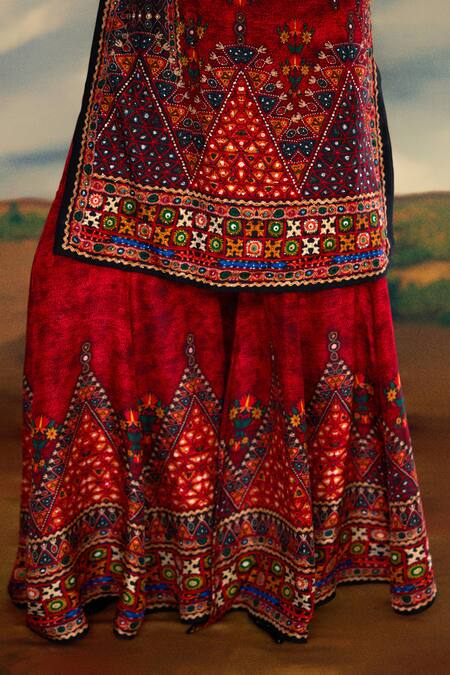 Buy_Rajdeep Ranawat_Red Silk Beads, Embroidery Tribal Print Gharara 