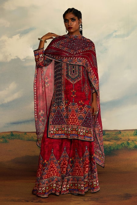 Rajdeep Ranawat Red Silk Printed Tribal Band Straight Kurta 