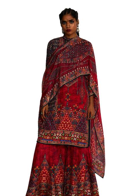 Shop_Rajdeep Ranawat_Red Silk Beads, Embroidery Bandeau Neck Tribal Print Straight Kurta _Online_at_Aza_Fashions