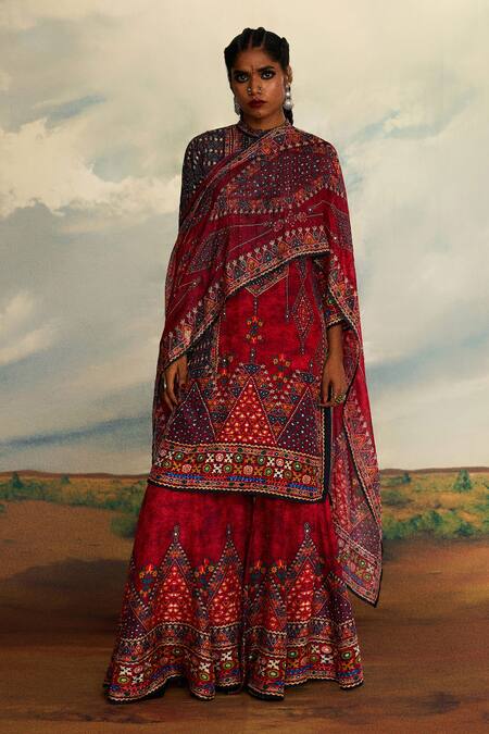 Rajdeep Ranawat_Red Silk Beads, Embroidery Bandeau Neck Tribal Print Straight Kurta _at_Aza_Fashions