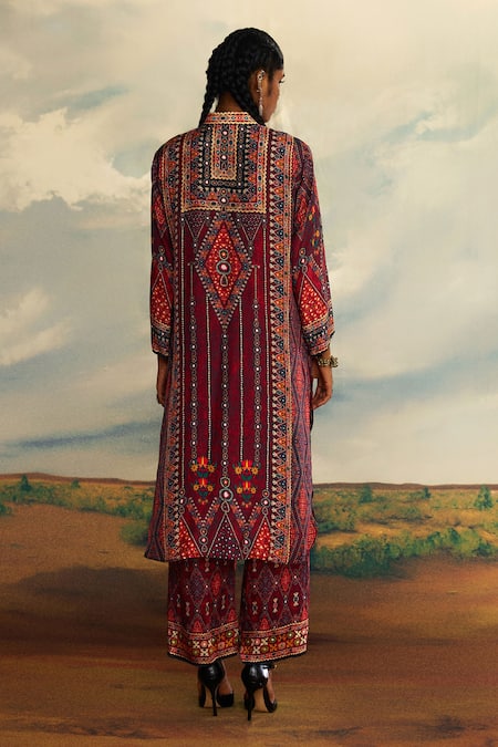 Shop_Rajdeep Ranawat_Red Silk Beads, Embroidery Collared Tribal Print High Low Kurta _at_Aza_Fashions