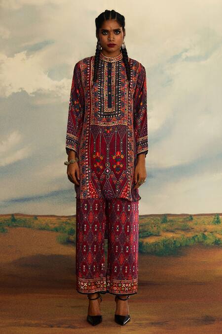 Buy_Rajdeep Ranawat_Red Silk Beads, Embroidery Collared Tribal Print High Low Kurta _Online_at_Aza_Fashions