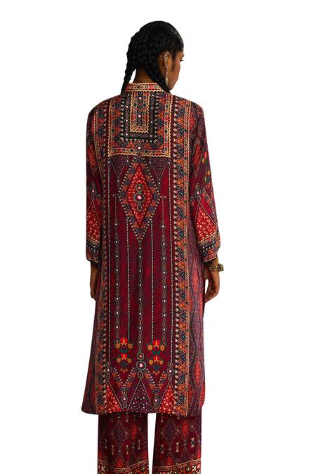 Rajdeep Ranawat_Red Silk Beads, Embroidery Collared Tribal Print High Low Kurta _at_Aza_Fashions