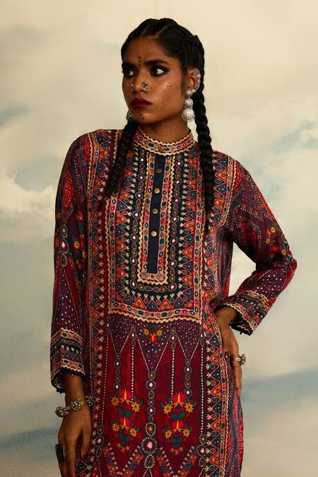 Buy_Rajdeep Ranawat_Red Silk Beads, Embroidery Collared Tribal Print High Low Kurta 