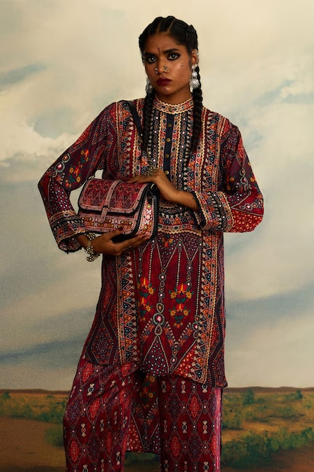 Shop_Rajdeep Ranawat_Red Silk Beads, Embroidery Collared Tribal Print High Low Kurta 