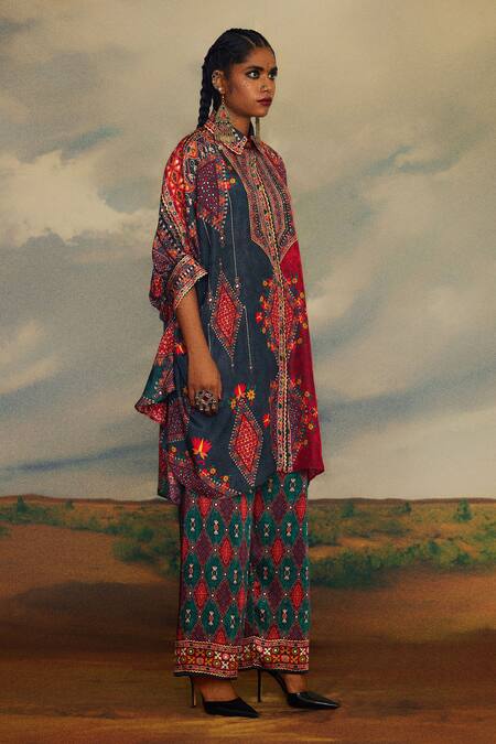 Rajdeep Ranawat_Grey Silk Beads, Embroidery Tribal Diamond Print Gharara _Online_at_Aza_Fashions