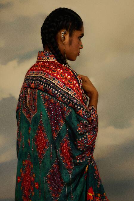 Shop_Rajdeep Ranawat_Grey Silk Beads, Embroidery Tribal Diamond Print Gharara _Online_at_Aza_Fashions