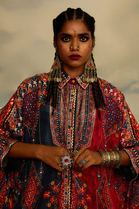 Rajdeep Ranawat_Grey Silk Beads, Embroidery Tribal Diamond Print Gharara _at_Aza_Fashions