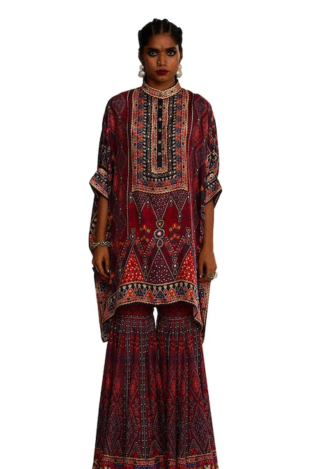 Rajdeep Ranawat_Red Silk Beads, Embroidery Bandeau Neck Tribal Print Asymmetric Kaftan _Online_at_Aza_Fashions