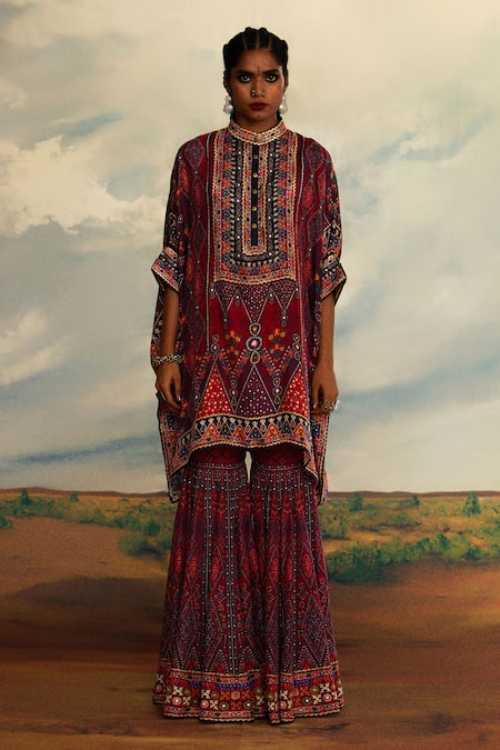 Buy_Rajdeep Ranawat_Red Silk Beads, Embroidery Bandeau Neck Tribal Print Asymmetric Kaftan _Online_at_Aza_Fashions