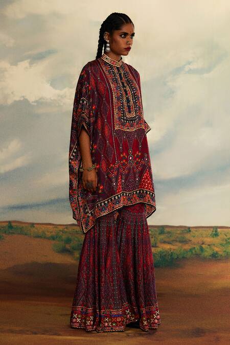 Shop_Rajdeep Ranawat_Red Silk Beads, Embroidery Bandeau Neck Tribal Print Asymmetric Kaftan _Online_at_Aza_Fashions