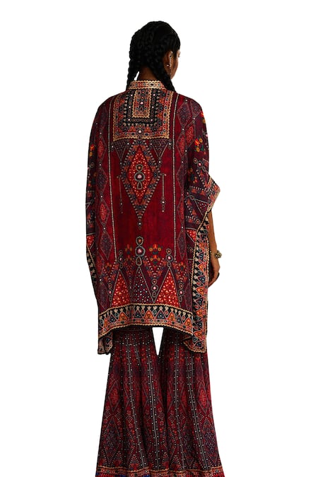 Rajdeep Ranawat_Red Silk Beads, Embroidery Bandeau Neck Tribal Print Asymmetric Kaftan _at_Aza_Fashions