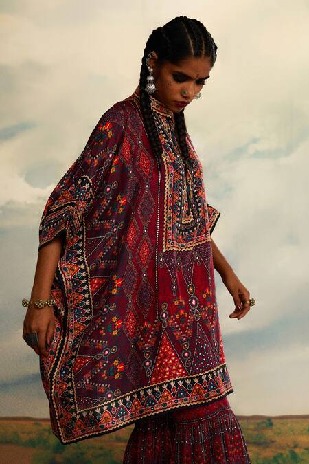 Buy_Rajdeep Ranawat_Red Silk Beads, Embroidery Bandeau Neck Tribal Print Asymmetric Kaftan 