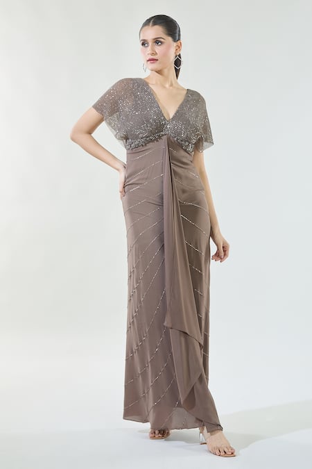 Babita Malkani Brown Crepe Embellished Sequin V Neck Detailed Yoke Draped Gown 