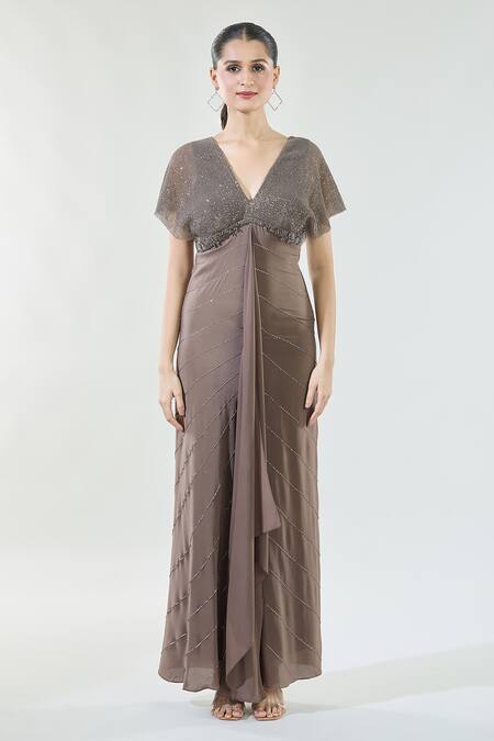 Babita Malkani_Brown Crepe Sequins V-neck Detailed Yoke Draped Gown_Online_at_Aza_Fashions