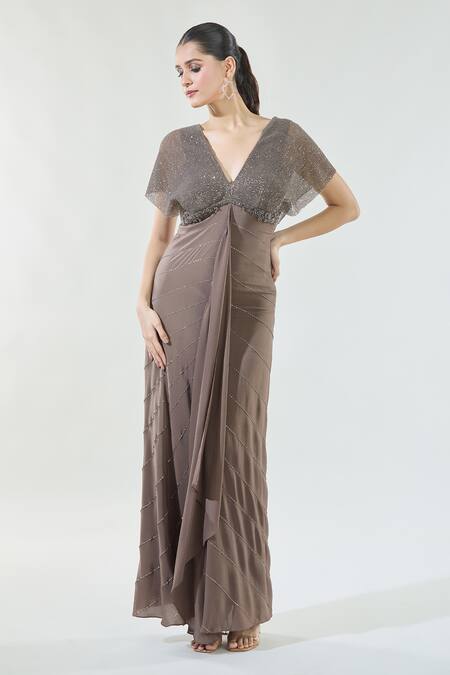Buy_Babita Malkani_Brown Crepe Sequins V-neck Detailed Yoke Draped Gown_Online_at_Aza_Fashions