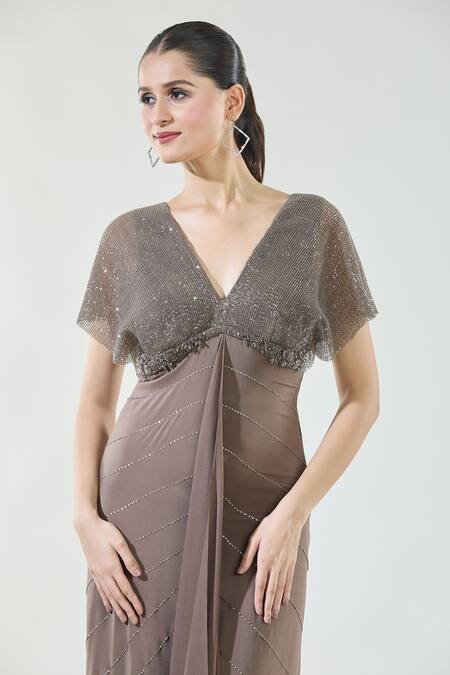 Shop_Babita Malkani_Brown Crepe Sequins V-neck Detailed Yoke Draped Gown_Online_at_Aza_Fashions