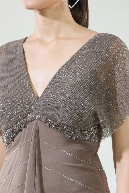 Babita Malkani_Brown Crepe Sequins V-neck Detailed Yoke Draped Gown_at_Aza_Fashions