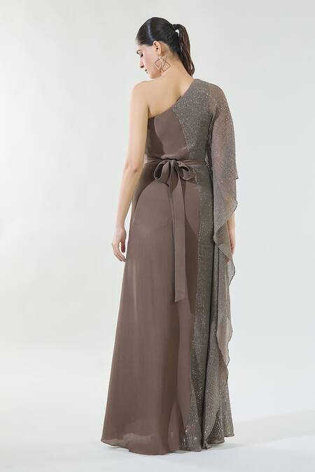 Shop Babita Malkani Brown Crepe Beads, Sequins One Shoulder Embroidered Kaftan Dress at Aza Fashions Shop_Babita Malkani_Brown Crepe Beads, Sequins One Shoulder Embroidered Kaftan Dress_at_Aza_Fashions