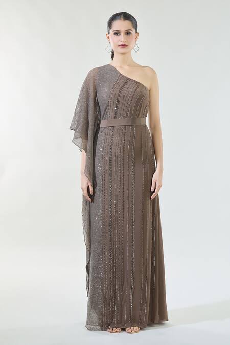 Babita Malkani Brown Crepe Beads, Sequins One Shoulder Embroidered Kaftan Dress Online at Aza Fashions Babita Malkani_Brown Crepe Beads, Sequins One Shoulder Embroidered Kaftan Dress_Online_at_Aza_Fashions