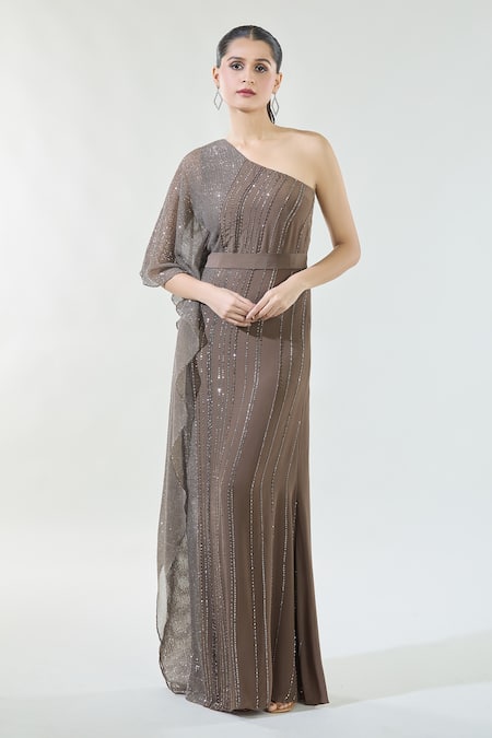 Buy Babita Malkani Brown Crepe Beads, Sequins One Shoulder Embroidered Kaftan Dress Online at Aza Fashions Buy_Babita Malkani_Brown Crepe Beads, Sequins One Shoulder Embroidered Kaftan Dress_Online_at_Aza_Fashions
